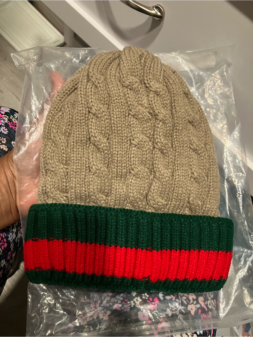 Kids Cable Knit Beanie with Green and Red Stripe